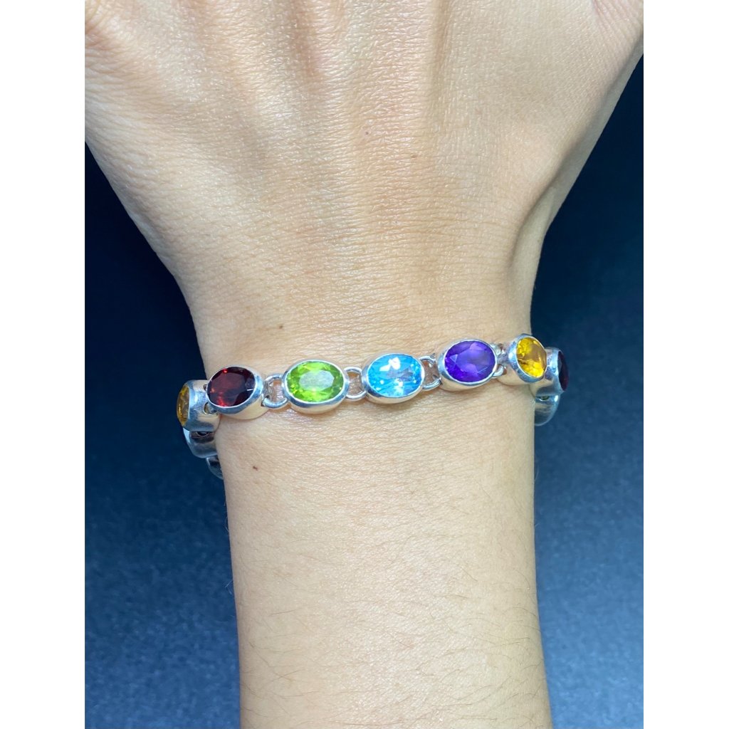 Doug Paulus 925 Multi Gemstone Bracelet Chain Link Designer Signed 7 Inches Fine